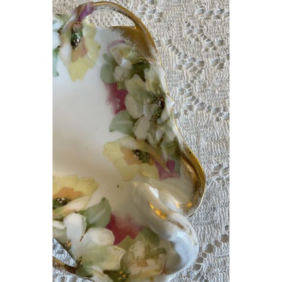 Trinket Nut Dish Gold Mark 18 Hand Painted Pink Yellow Wild Roses Old Victorian - Picture 12 of 16